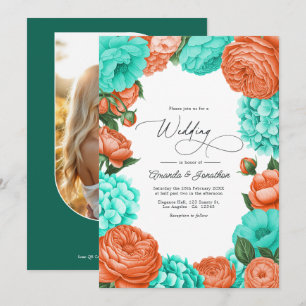 Turquoise & Coral Watercolor Floral Wedding Invitation