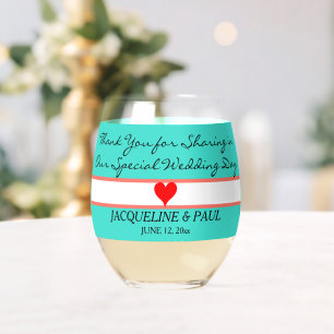 Turquoise Coral Wedding Favours Monogram Red Heart Stemless Wine Glass