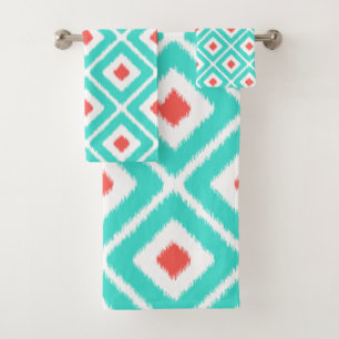 Turquoise, Coral, White Ikat Diamond Pattern Bath Towel Set