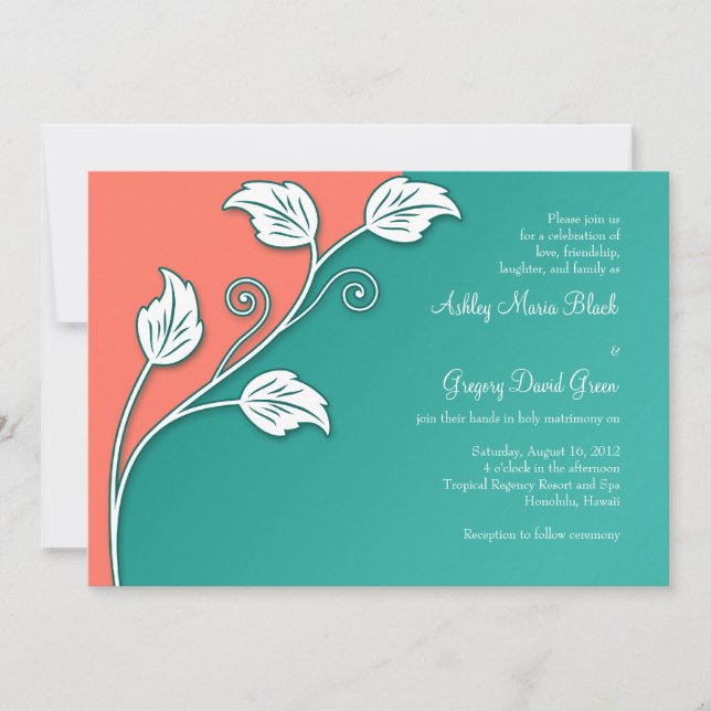 Turquoise, Coral White Leafy Vine Wedding Invitation (Front)