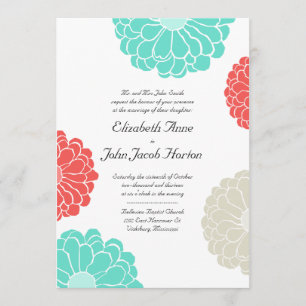 Turquoise & Coral Zinnia Flower Faire-part de mari