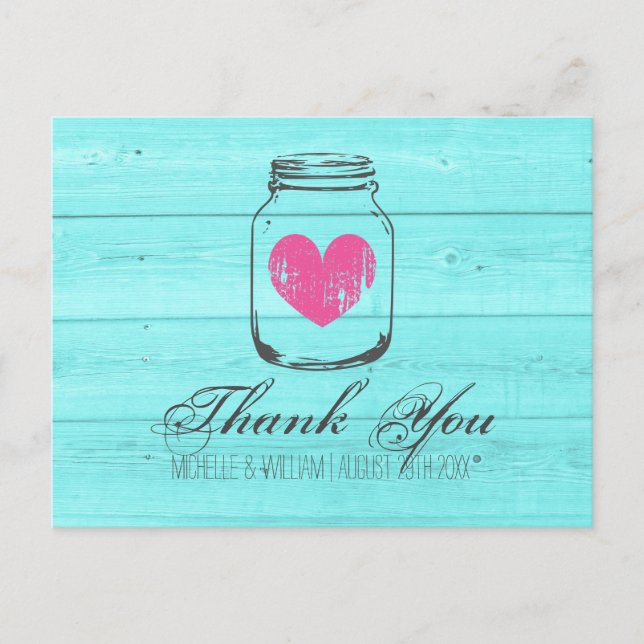 Turquoise country chic mason jar thank you cards (Front)