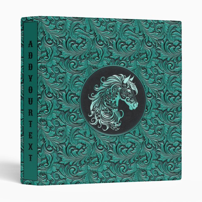 Turquoise cowgirl floral tooled leather horse head binder (Front/Spine)