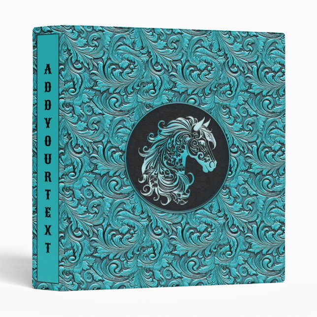 Turquoise cowgirl floral tooled leather horse head binder (Front/Spine)