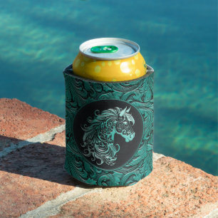 Turquoise cowgirl floral tooled leather horse head can cooler