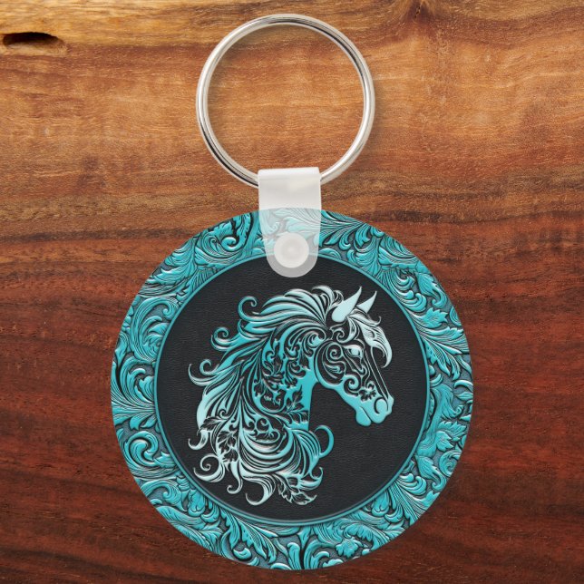 Turquoise cowgirl floral tooled leather horse head keychain (Front)