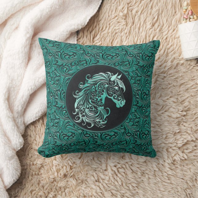 Turquoise cowgirl floral tooled leather horse head throw pillow (Blanket)