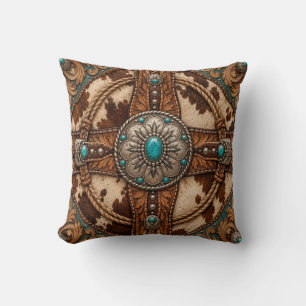 Turquoise Cowhide Western Leather Throw Pillow