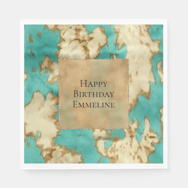 Turquoise  Cream Animal Cowhide Western Cowgirl Napkin (Front)