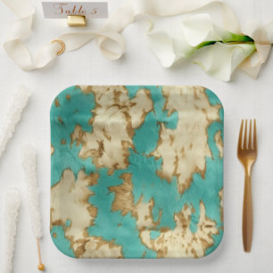 Turquoise  Cream Animal Cowhide Western Cowgirl Paper Plate