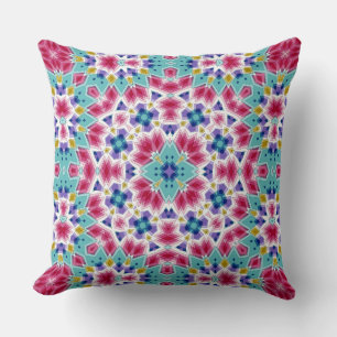 Turquoise crimson colourful kaleidoscope ornament throw pillow