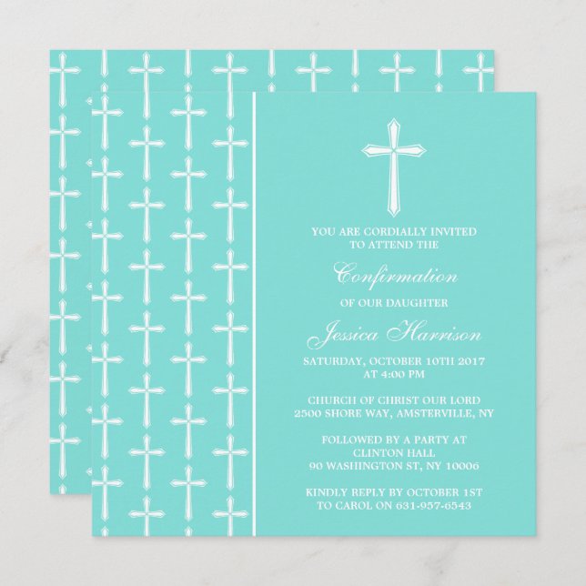 Turquoise Cross Holy Communion Or Confirmation Invitation (Front/Back)