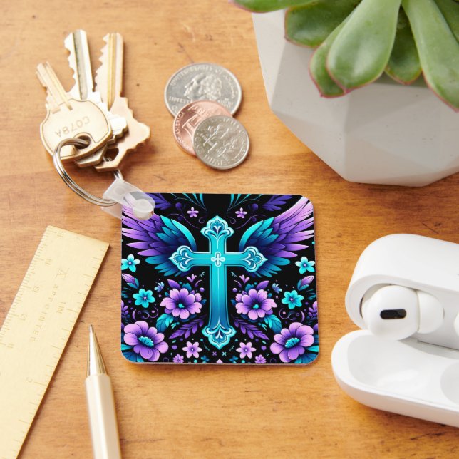 Turquoise Cross with Wings Keychain (Desk)