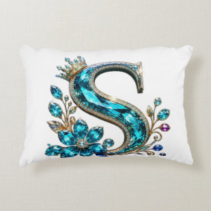 Turquoise Crystal Letter S & Crown Accent Pillow