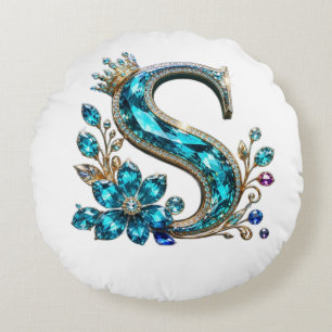 Turquoise Crystal Letter S & Crown Round Pillow