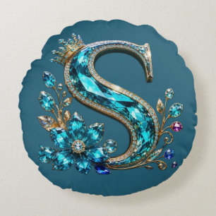 Turquoise Crystal Letter S & Crown Round Pillow