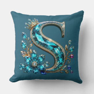 Turquoise Crystal Letter S & Crown Throw Pillow