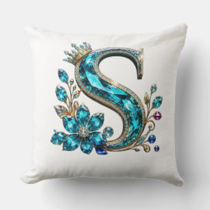 Turquoise Crystal Letter S & Crown Throw Pillow