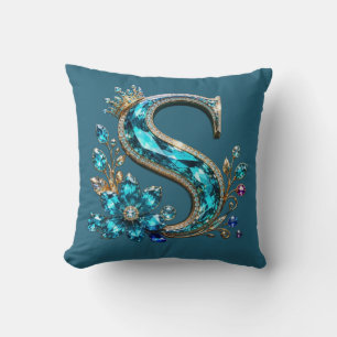 Turquoise Crystal Letter S & Crown Throw Pillow