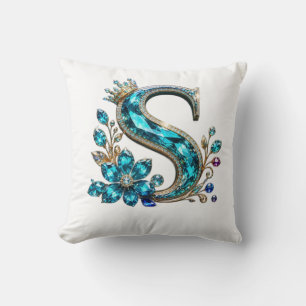 Turquoise Crystal Letter S & Crown Throw Pillow