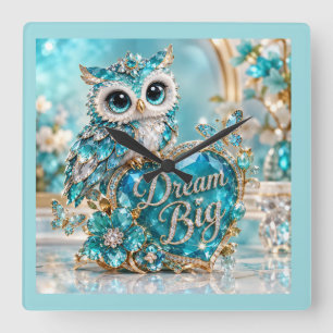 Turquoise Crystal Owl Dream Big Luxury Design Square Wall Clock