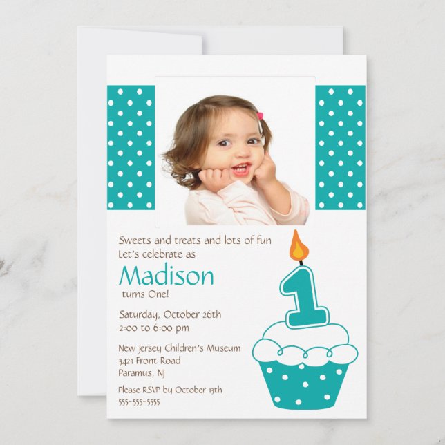 Turquoise Cupcake Photo Anniversaire Invitation (Devant)