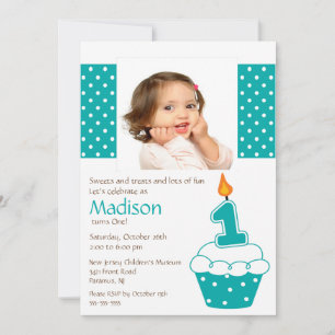 Turquoise Cupcake Photo Anniversaire Invitation
