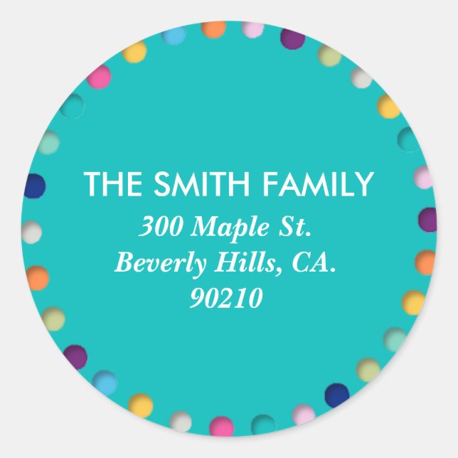 Turquoise Custom Address Label Round Polka Dots (Front)
