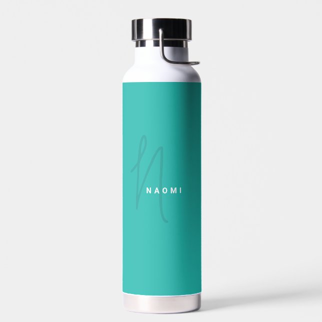 Turquoise | Custom Monogram Script Name Stylish Water Bottle (Left)