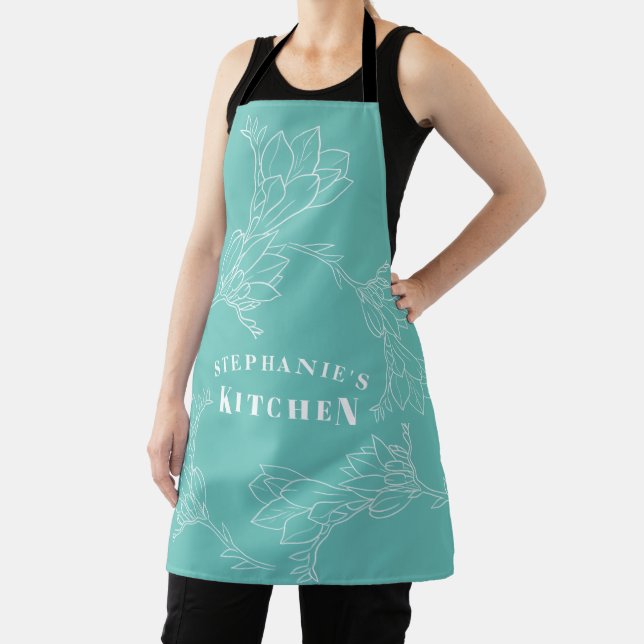 Turquoise Custom Name Hand-Drawn Floral Outline Apron (Insitu)
