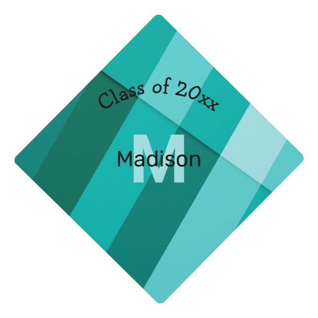 Turquoise cyan modern geometric lines Monogram Graduation Cap Topper (Front)