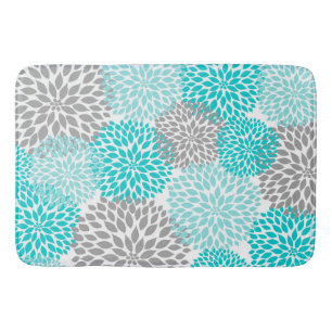 Turquoise Dahlia Blooms, bold floral bathroom deco Bath Mat