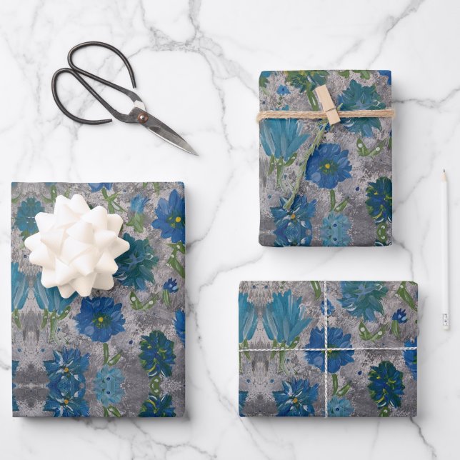 Turquoise Daisy Floral Wrapping Paper (Front)