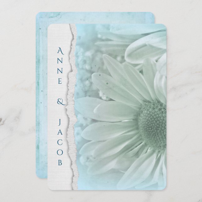 turquoise daisy macro on torn edge paper invitation (Front/Back)