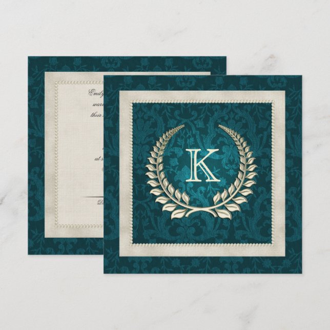 Turquoise damas et faire-part de mariage perles (Devant / Derrière)