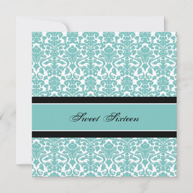 Turquoise Damask 16th Birthday Party Invitations (Devant)