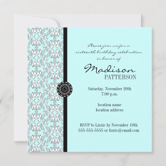 Turquoise Damask Baroque Sweet 16 Party Invitation (Front)