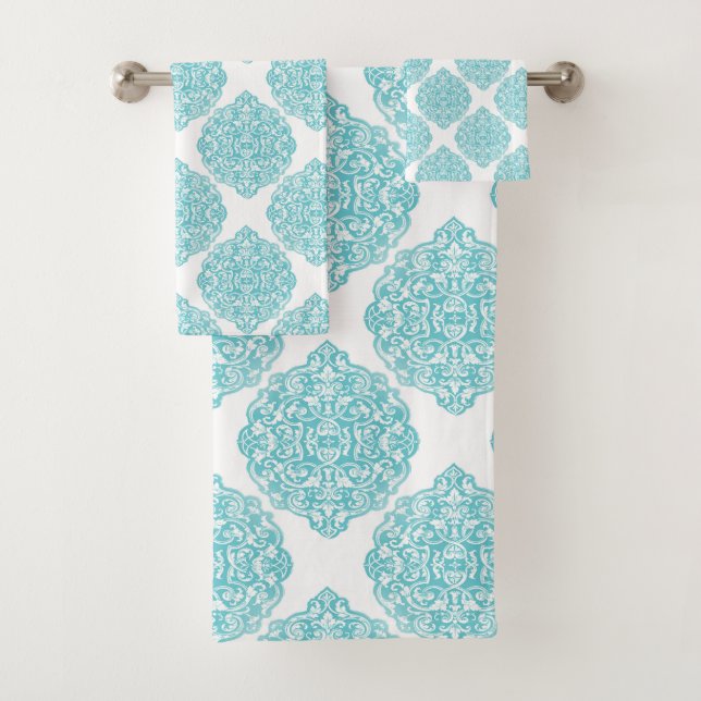 Turquoise Damask Bath Towel Set (Insitu)