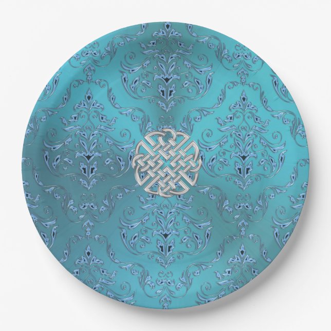 Turquoise Damask Celtic Knot Paper Plate (Front)