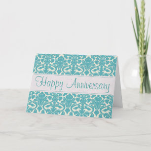 Turquoise Damask Customizable Anniversary Card