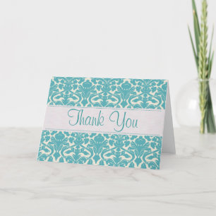 Turquoise Damask Customizable Thank You Card