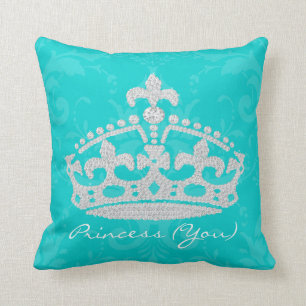 Turquoise Damask Diamond Princess Crown Pillow