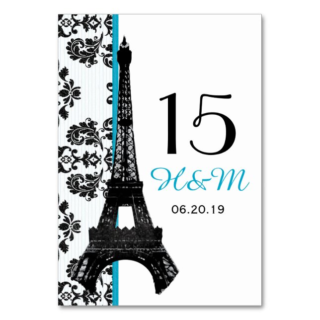TURQUOISE DAMASK EIFFEL TOWER PARISIAN WEDDING TABLE NUMBER (Front)