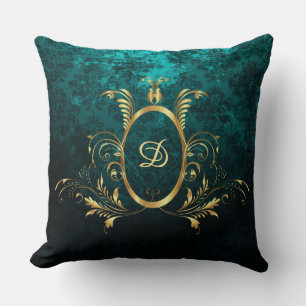 Turquoise Damask gold Frame Personalized Throw Pillow