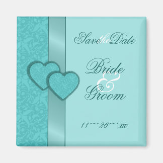 Turquoise Damask Hearts Save the Date Magnet