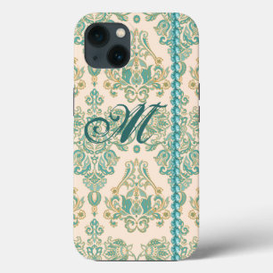 Turquoise Damask Monogram, Faux Pearls iPhone 13   iPhone 13 Case
