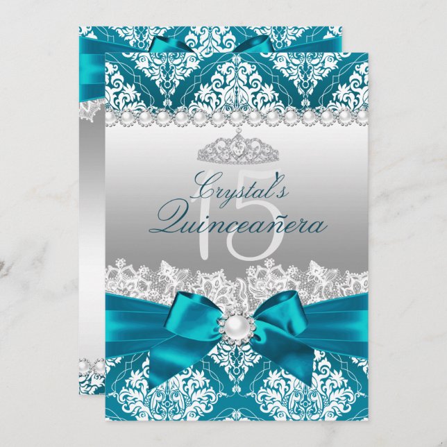 Turquoise Damask Pearl Bow Quinceanera Invitation (Devant / Derrière)