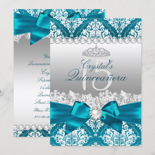 Turquoise Damask Pearl Bow Quinceanera Invitation