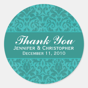 Turquoise Damask Round Wedding Labels