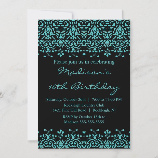 Turquoise Damask Sweet Sixteen Birthday Invitation (Front)